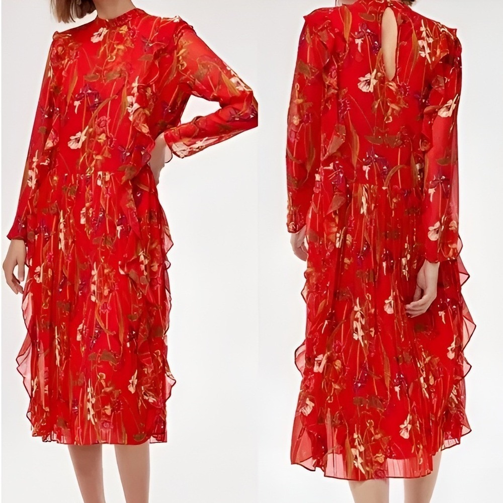 Little Moon Aritzia Red Floral Orchid Midi Dress Ruffle Pleated Size Small